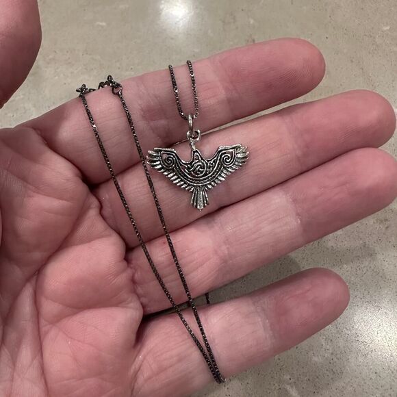 Sterling Silver Tribal Thunderbird Necklace with Black Rhodium Box Chain - Picture 5 of 5